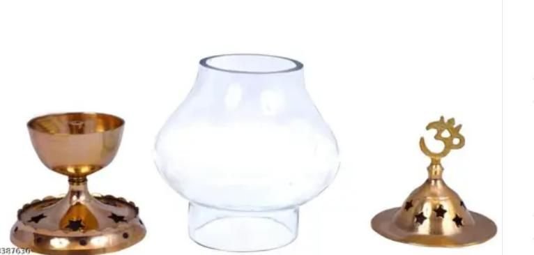 Brass Akhand Diya with Borosilicate Glass for Puja Home Temple Oil Lamp Tea Holder - Image 2