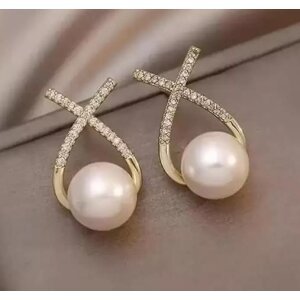 Korean Studded Cross Pearl Stud Earrings