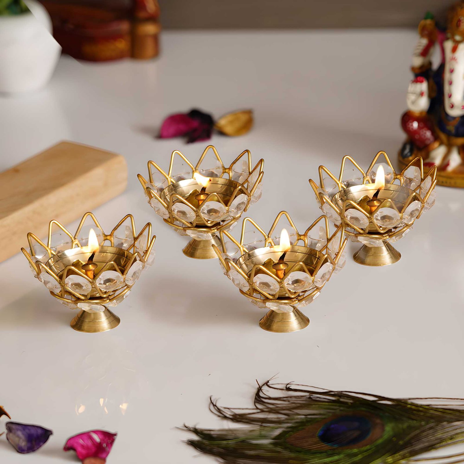 CraftIndia Set of 4 Lotus Shape Crystal Tea Light Holder - Image 2