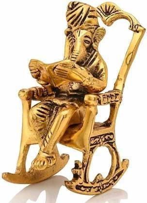 Golden Lord Ganesha Statue Sitting On A Rocking Chair And Reading Ramayan Showpiece - Image 2