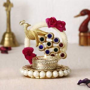 eCraftIndia Metal Peacock With Stones Handcrafted Tea Light Holder