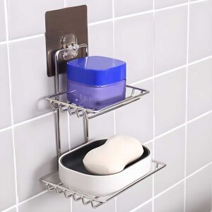 Soap Dish Holder-Wall Mounted Double Layered Stainless Steel Soaps Storage Rack with Hook