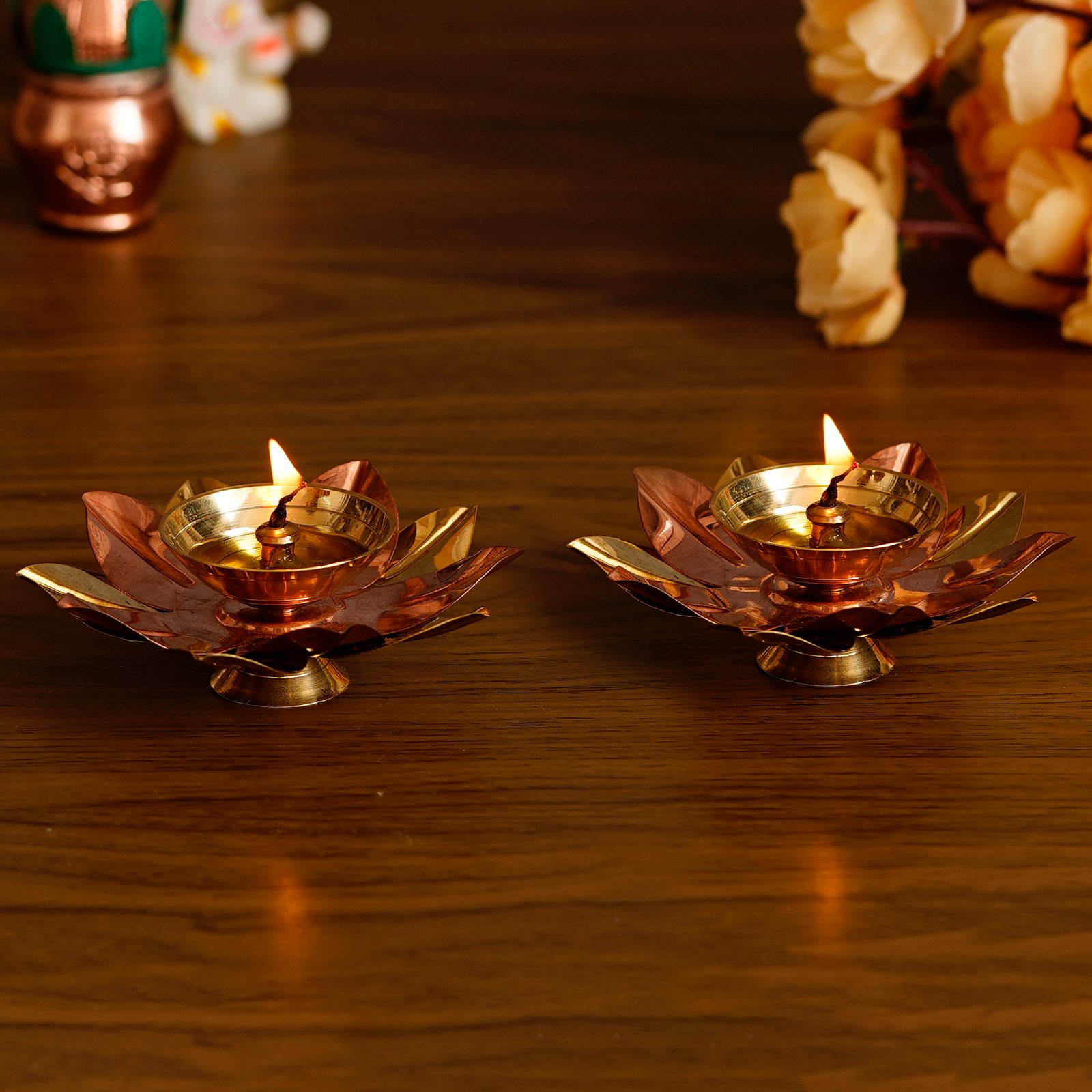 CraftIndia Set of 2 Floral Shape Metal Diya - Image 2