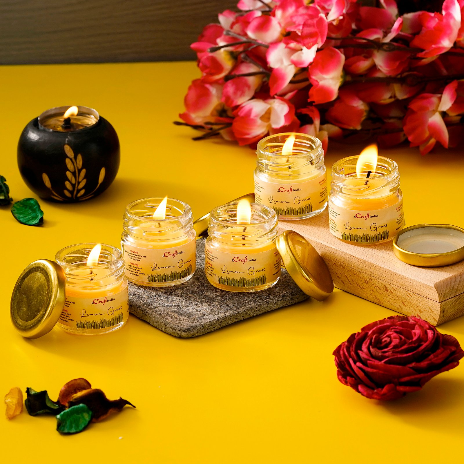 CraftIndia Set of 5 Lemon Grass Scented Minijar Candle - Image 2