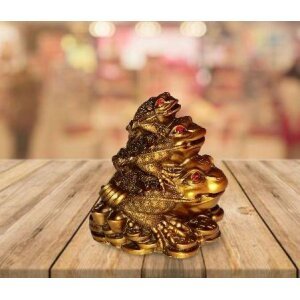 Triple Frog Family With Money Coin & Ingot for health Wealth Power & Prosperity - 10 cm