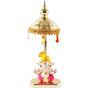Exquisite Marble Ganesh with Umbrella Elegant Idol Decorative Showpiece - 20 cm (Polyresin, Multicolor)