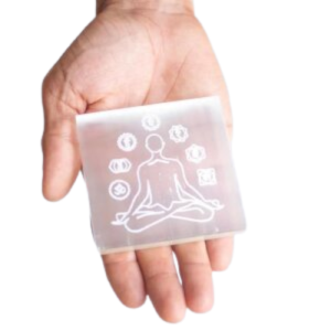 Selenite Charging Plate (Satin Spar Selenite) | Man Surrounded With Chakra Symbols