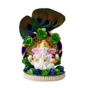 CraftIndia Lord Ganesha Idol on Decorative Handcrafted Floral Plate with Peacock Feather for Home and Car