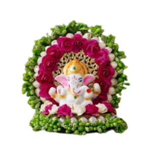 CraftIndia Lord Ganesha Idol on Decorative Handcrafted Green Floral Plate for Home and Car