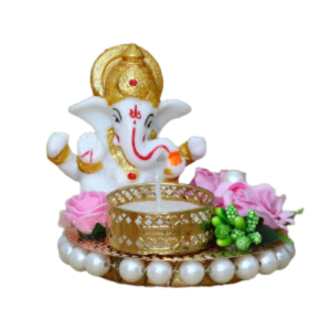 CraftIndia Lord Ganesha Idol on Decorative Plate with Tea Light Holder