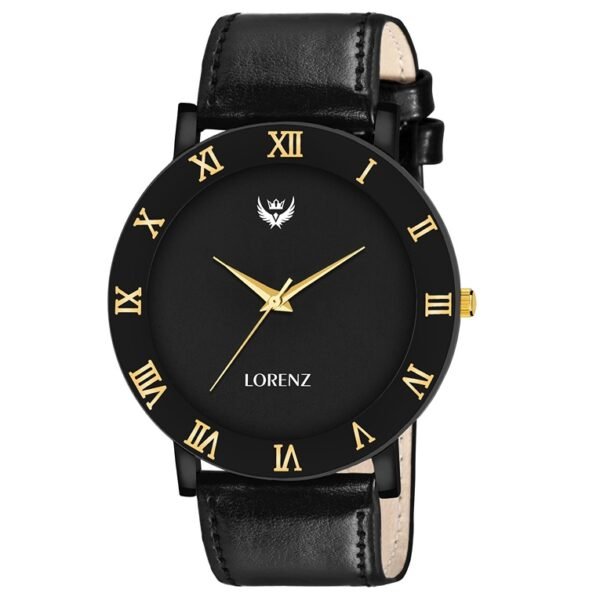Lorenz Watch Leather Strap & Black Roman Dial Analogue Watch For Men