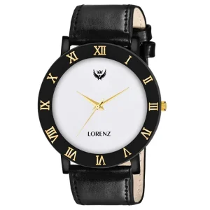 Lorenz Watch Black Leather Strap & White Roman Dial Analogue Watch For Men