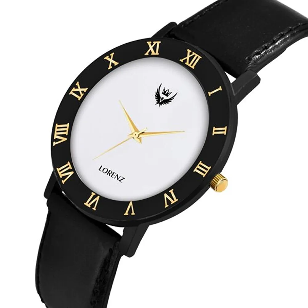 Lorenz Watch Black Leather Strap & White Roman Dial Analogue Watch For Men - Image 2